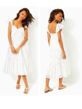 Lilly Pulitzer Lantana Flutter Sleeve Eyelet Midi Dress Resort White Tropical